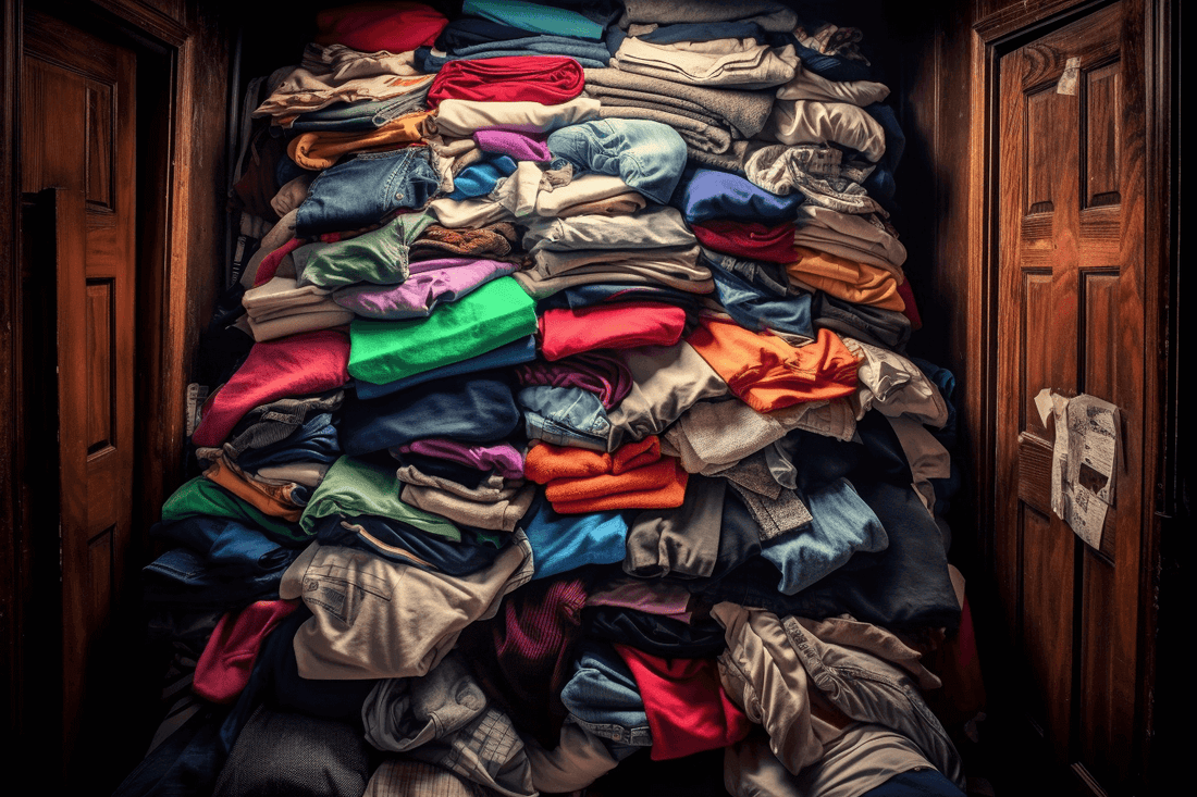 A house overrun by unorganized t-shirts.